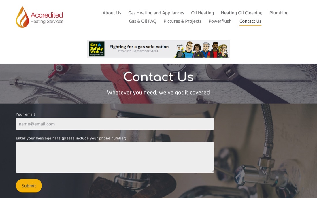 Contact page of the Accredited Heating Services website
