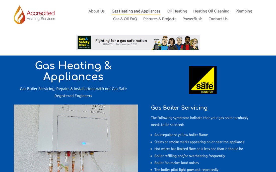 Gas heating and appliances page on the Accredited Heating Services website