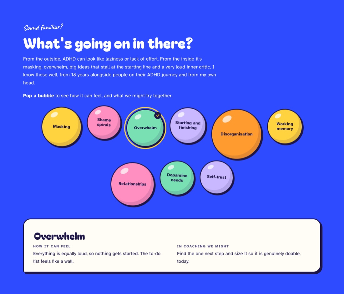 Interactive bubbles on the Tilly ADHD Studio website, with the Overwhelm card open