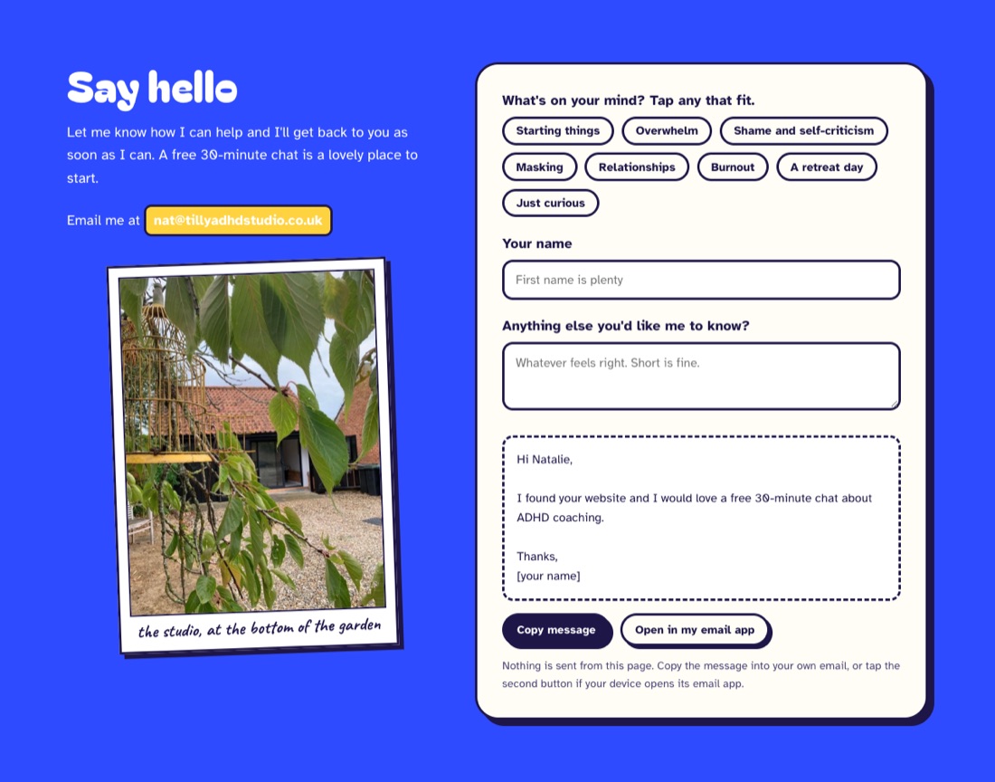Tap-to-choose contact form on the Tilly ADHD Studio website