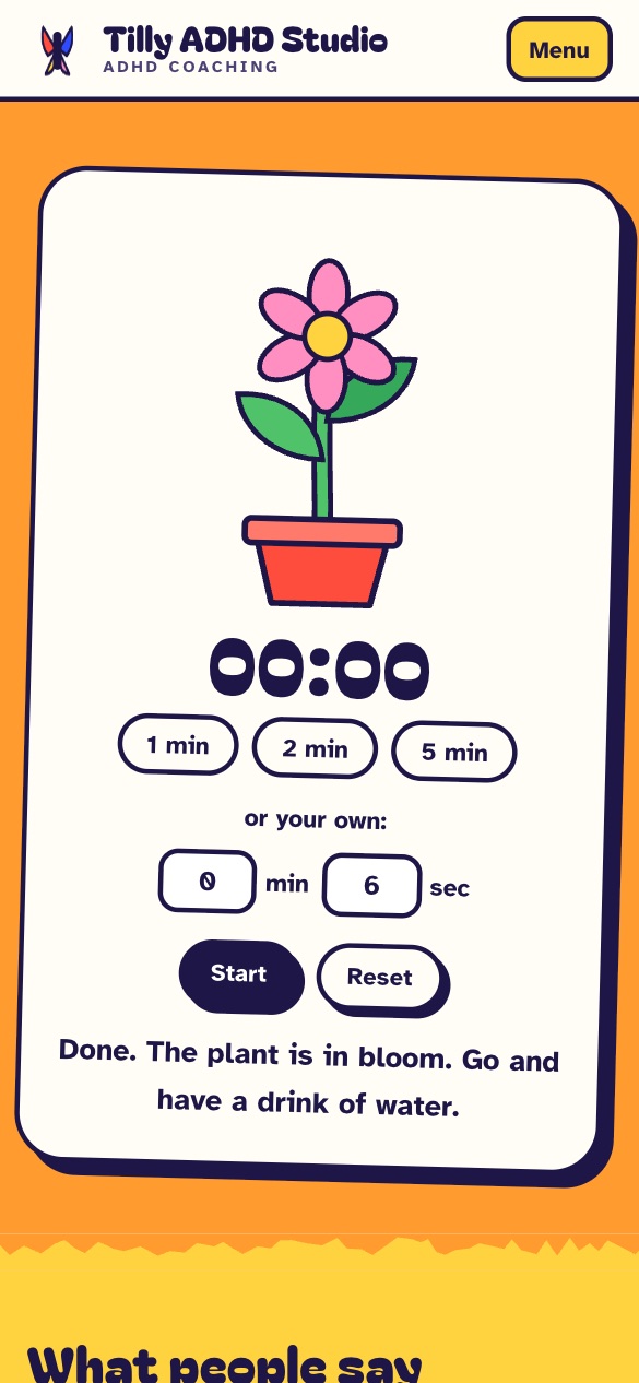 Phone view of the body-doubling timer on the Tilly ADHD Studio website, with the plant in bloom