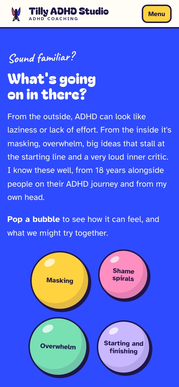 Phone view of the bubbles on the Tilly ADHD Studio website