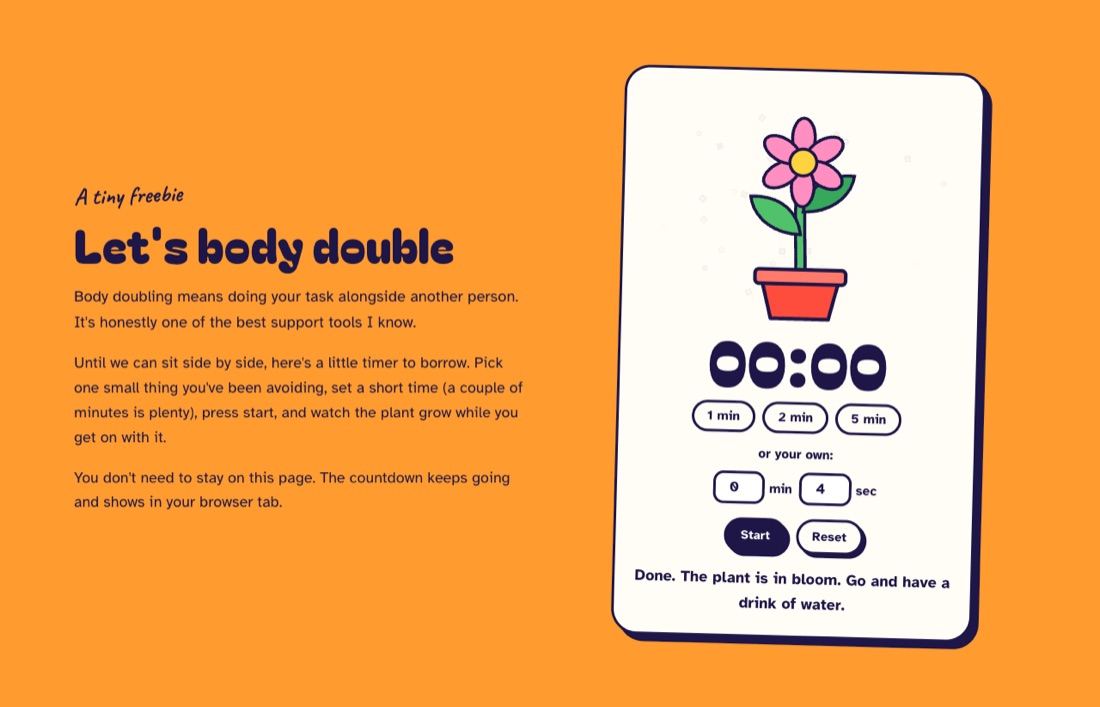 Body-doubling timer on the Tilly ADHD Studio website with the plant in full bloom at zero